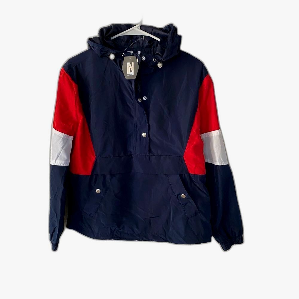 New Look Colorblock Windbreaker Jacket Hooded Navy Red Men's M NWT Y2K